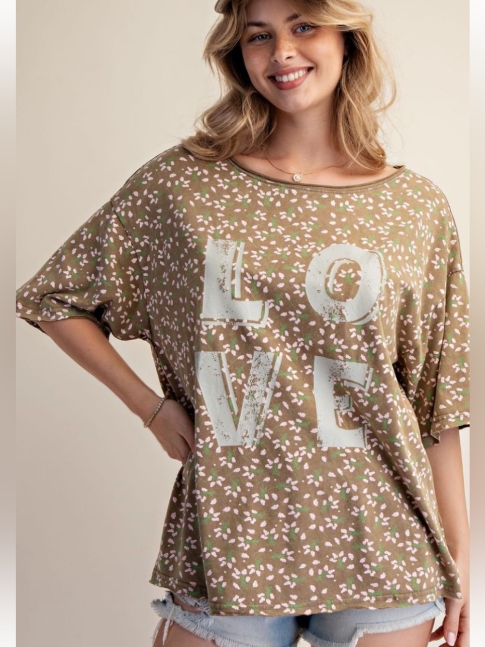 404 1-G 🇺🇸 EASEL FLORAL PRINT LOVE GRAPHIC MINERAL
WASHED KNIT TOP